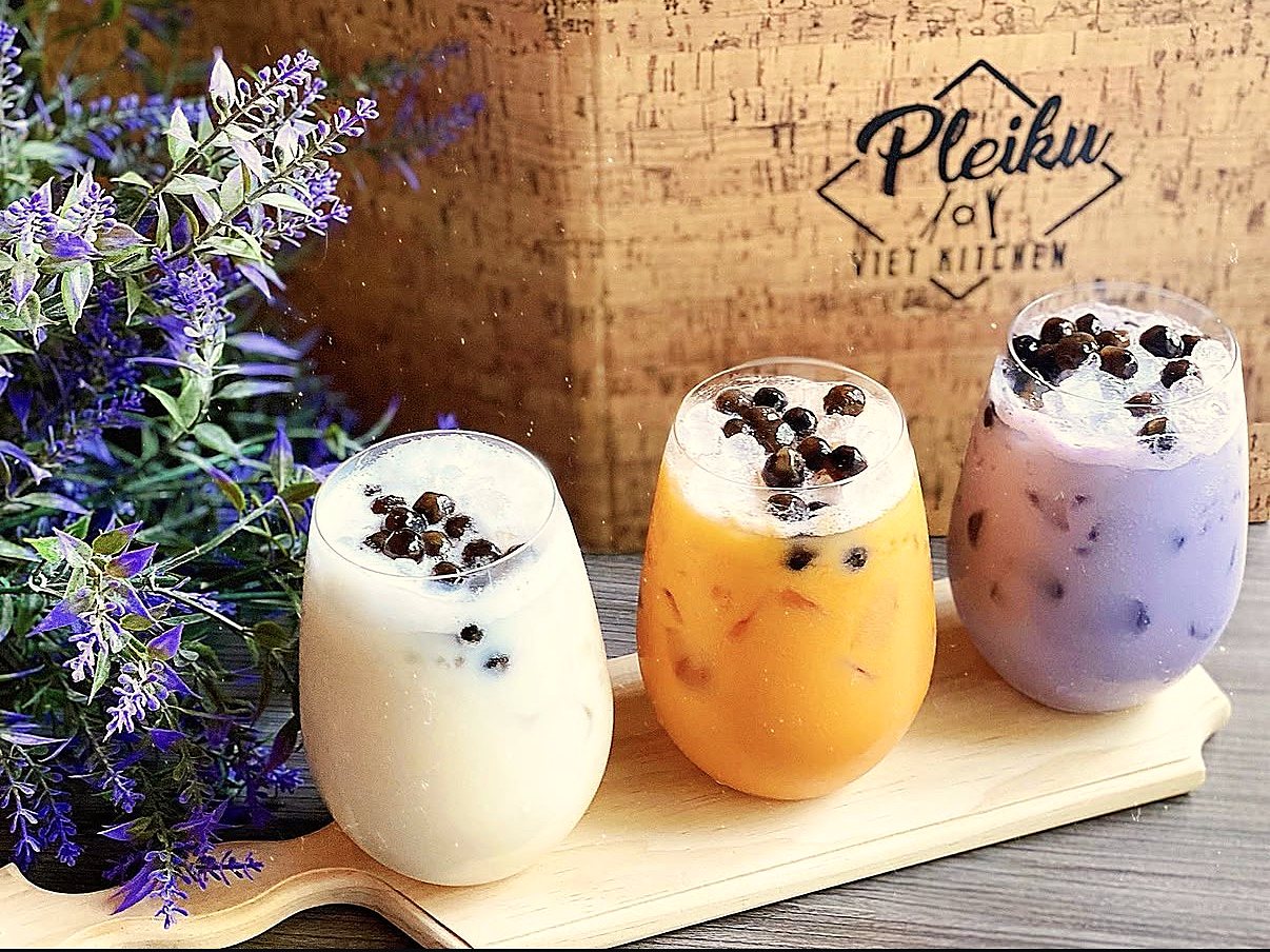 Three boba milk teas: milk tea, Thai tea and taro