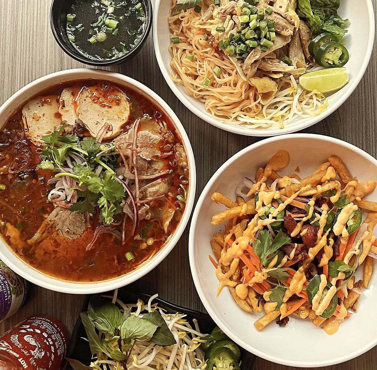 Bún bò Huế, Dry Phở and Vietnamese Street Fries with basil and bean sprouts