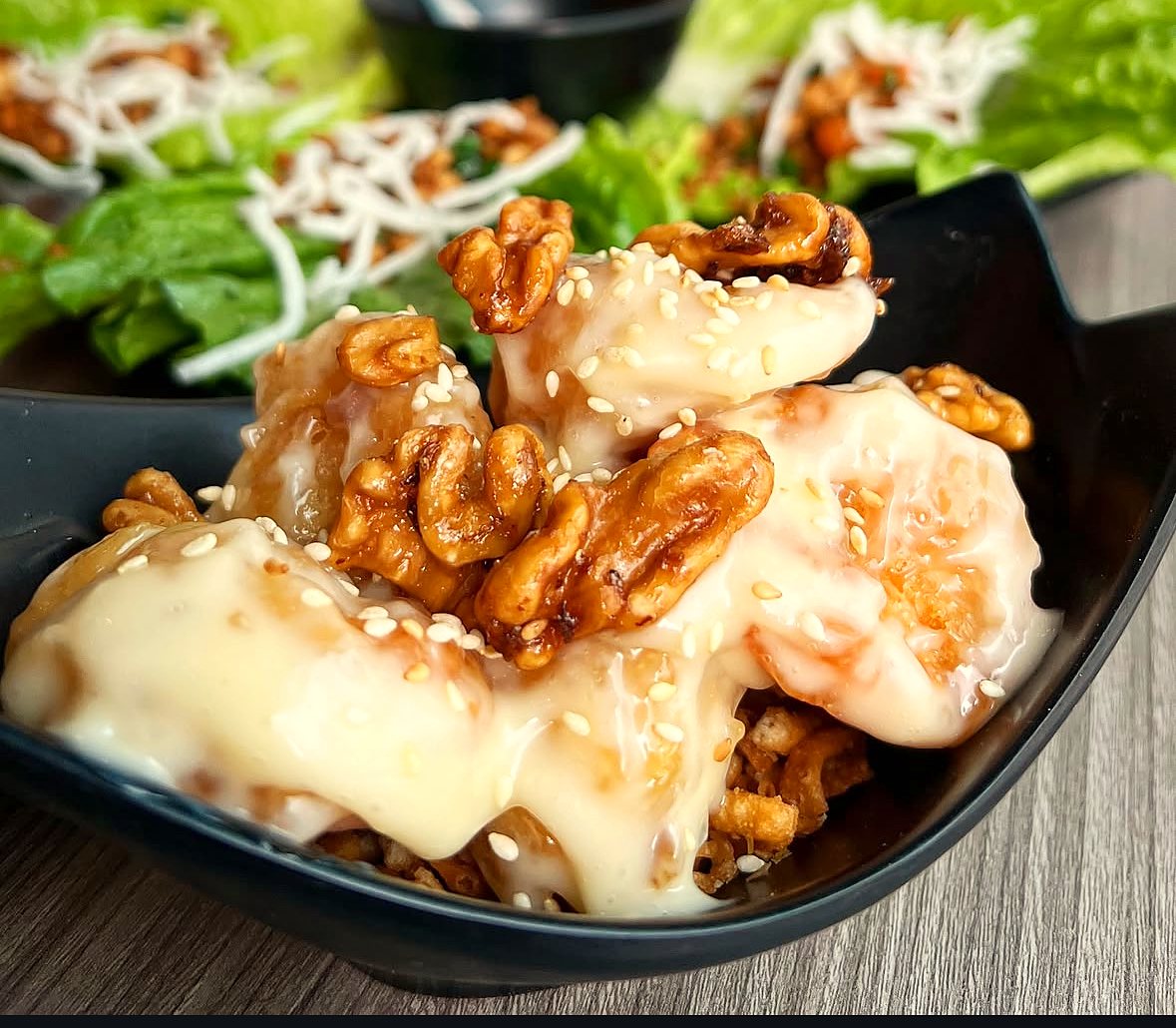 Snowball Shrimp with candied walnuts